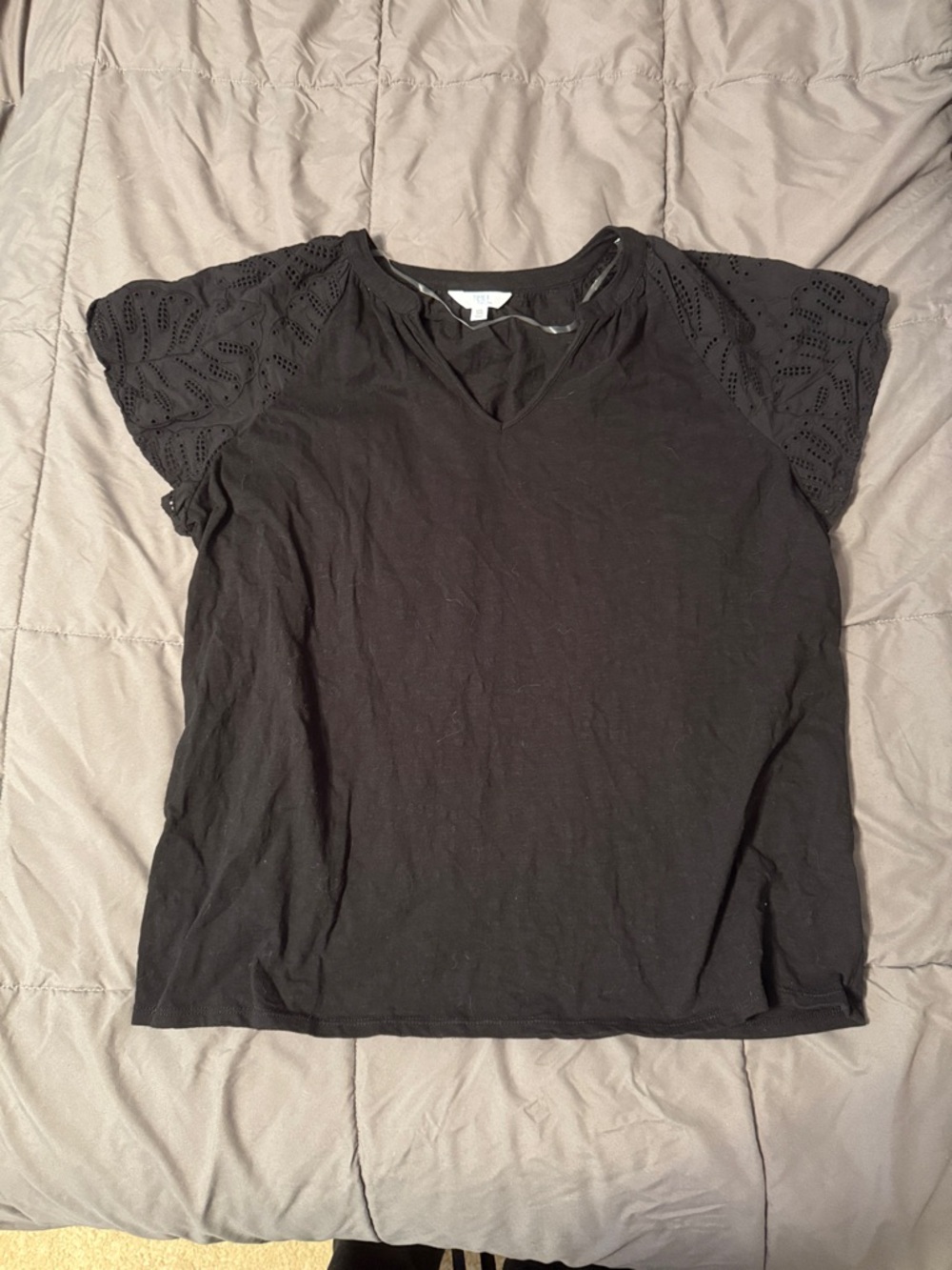 Time and Tru Black V-Neck Top with Eyelet Sleeve Detail